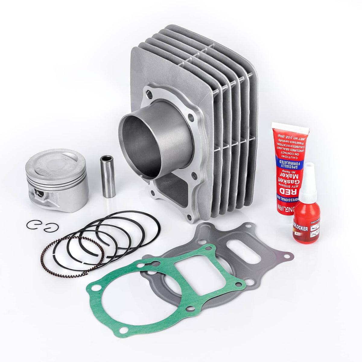 ATV top end rebuild kit components: cylinder, piston, wrist pin, piston rings, gaskets, glue