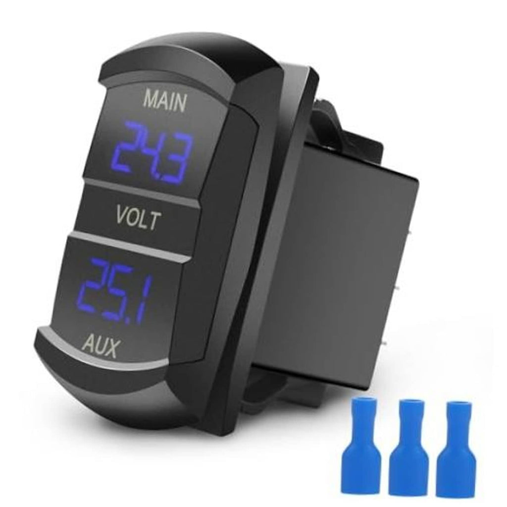 Black dual digital voltmeter gauge with blue LED MAIN and AUX readings