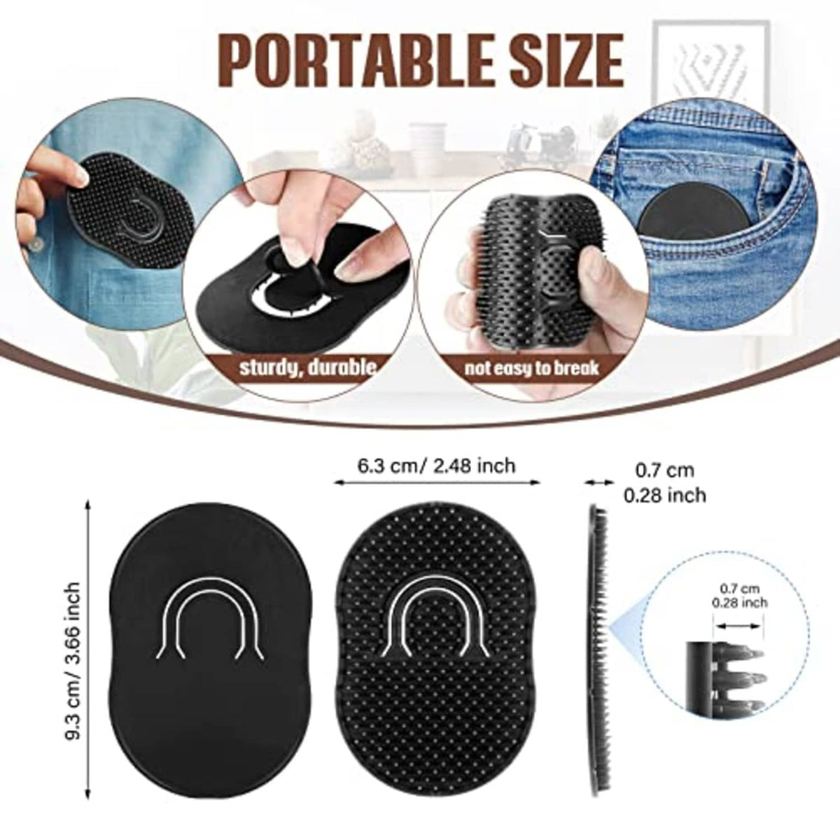 Black finger comb with curved loop and dense bristles, portable pocket size.