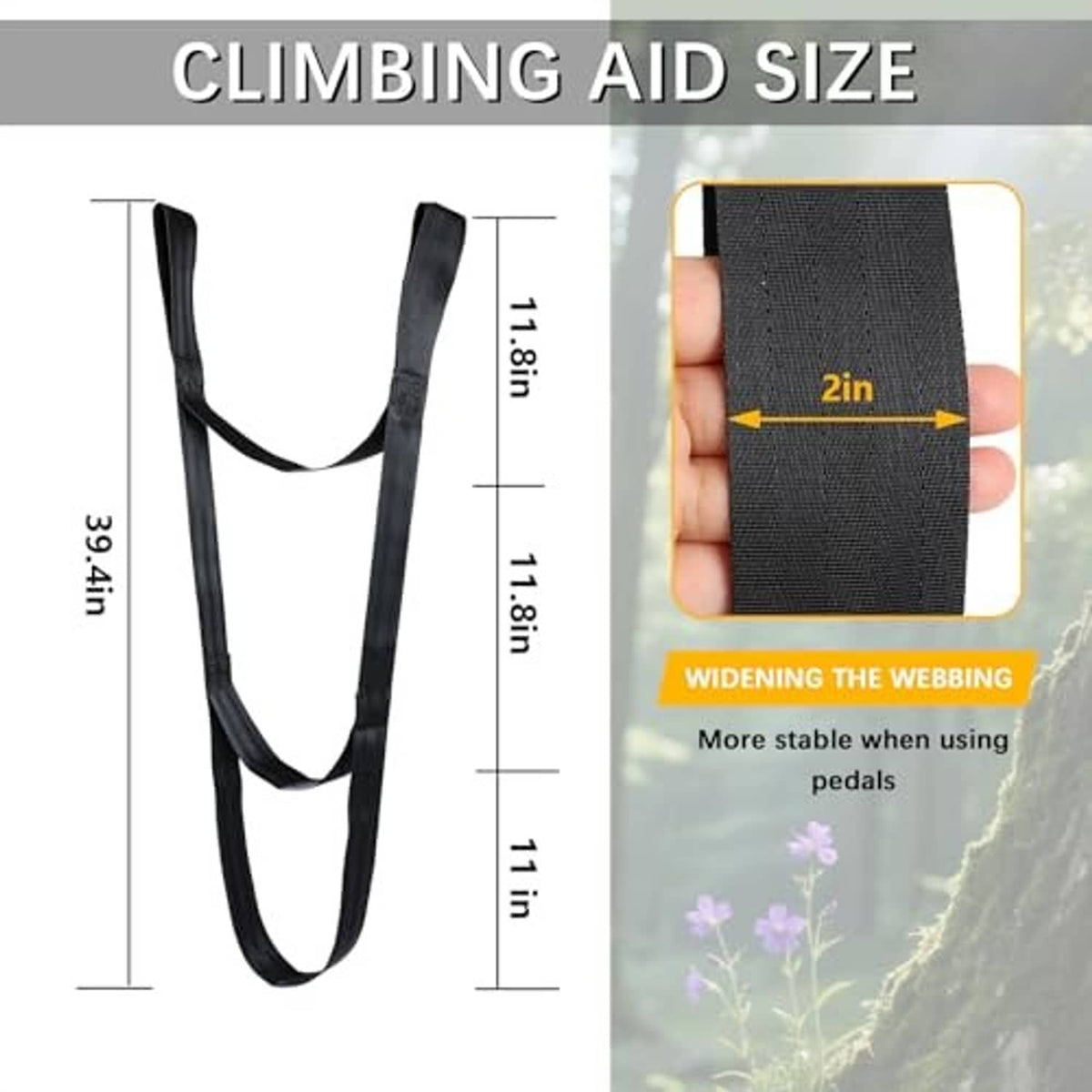Black 3-step climbing aider with three loops shown with size measurement diagram