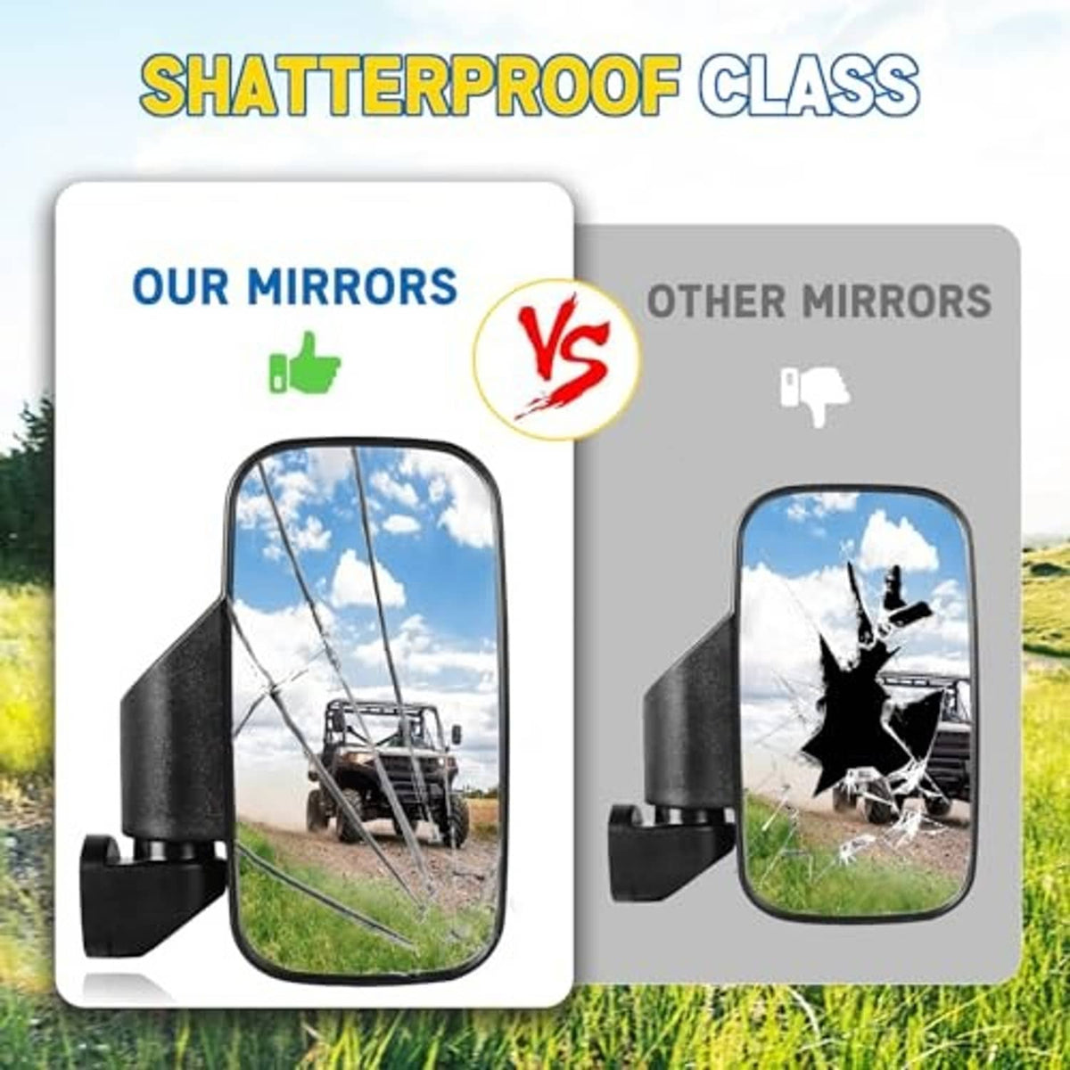 Shatterproof UTV rear side mirror with oval glass and black protective housing