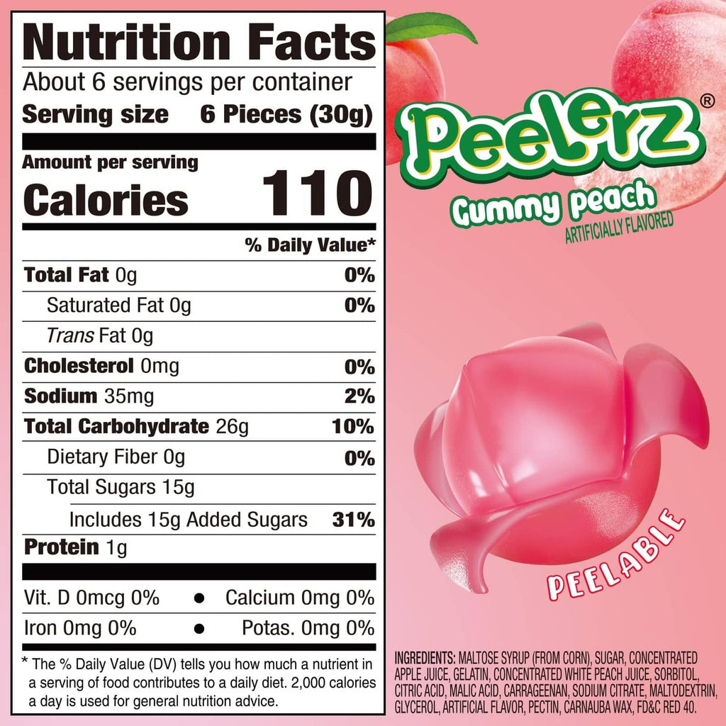 Peelerz gummy peach bag with Nutrition Facts and serving-size panel