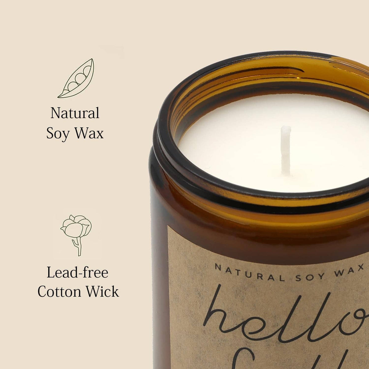Hello Fall soy candle jar with white cotton wick and brown label