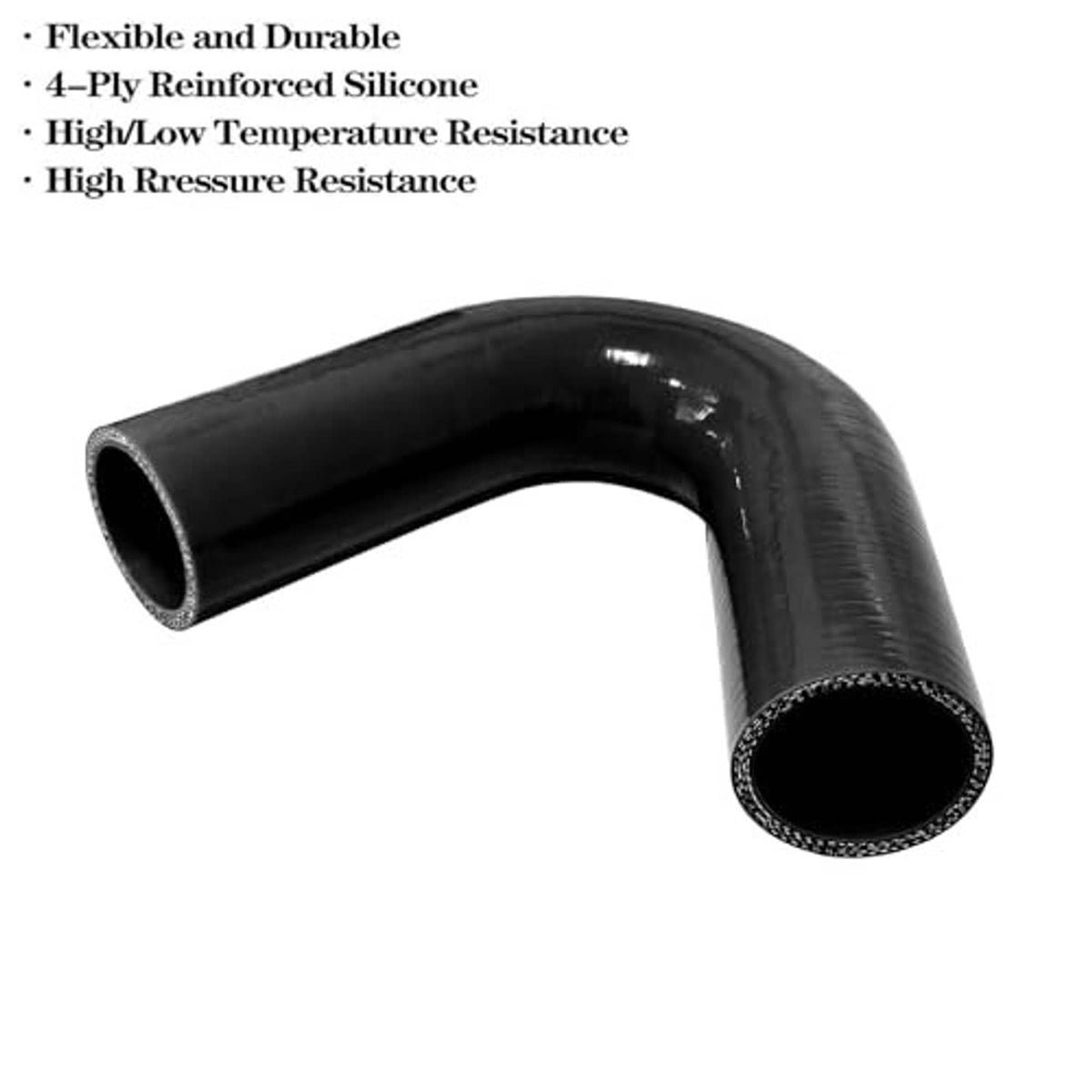 Black 135-degree silicone elbow hose coupler, curved U shape with flared openings