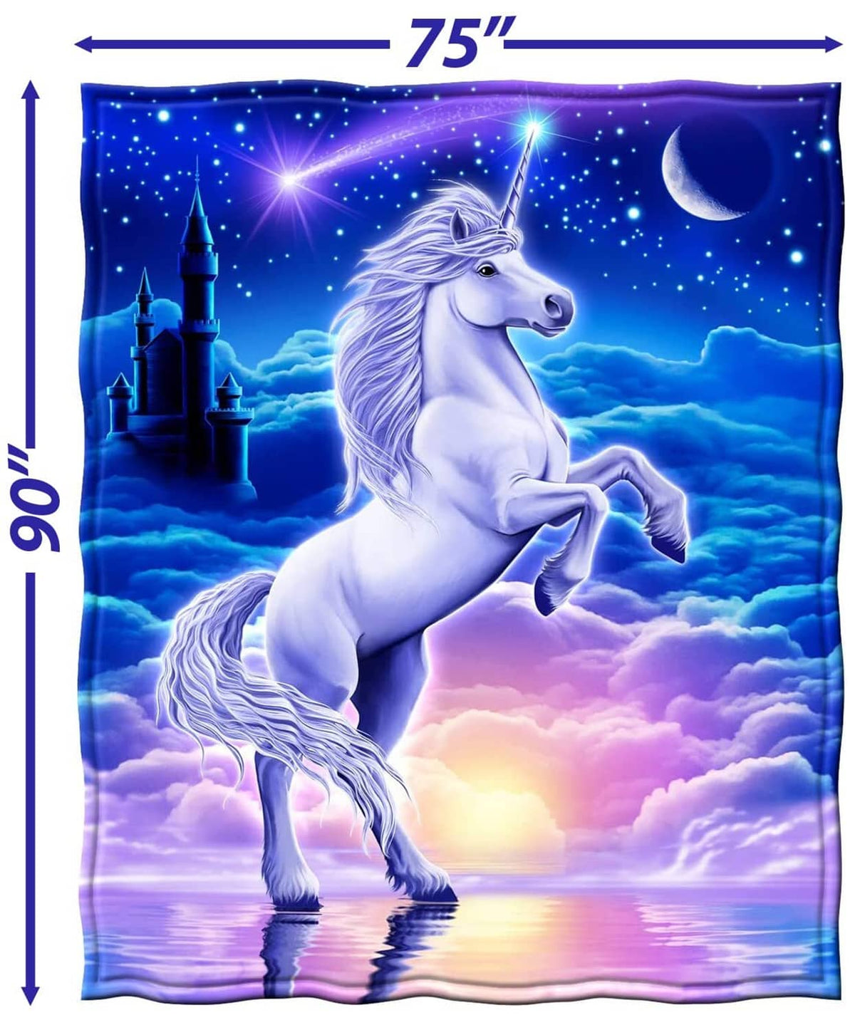 Unicorn plush throw blanket, blue design with unicorn and castle under moonlit sky