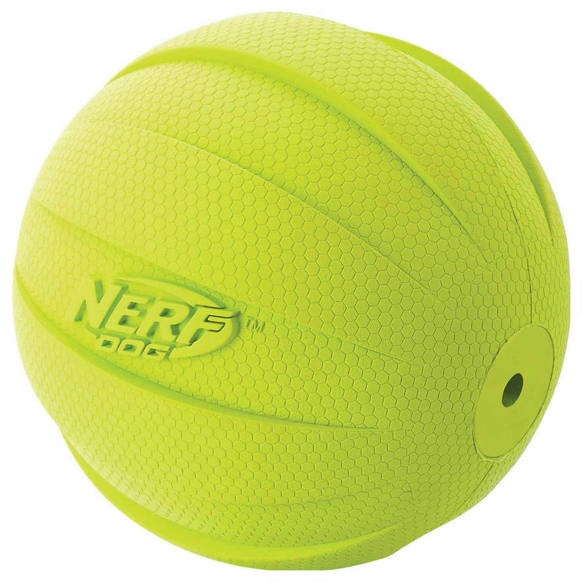 Neon green textured rubber dog ball with side hole detail and Nerf Dog logo