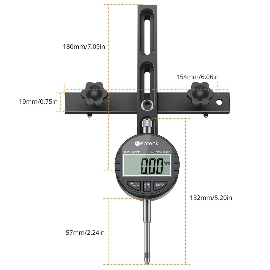 Table saw gauge with digital dial and probe, dimensioned layout for setup