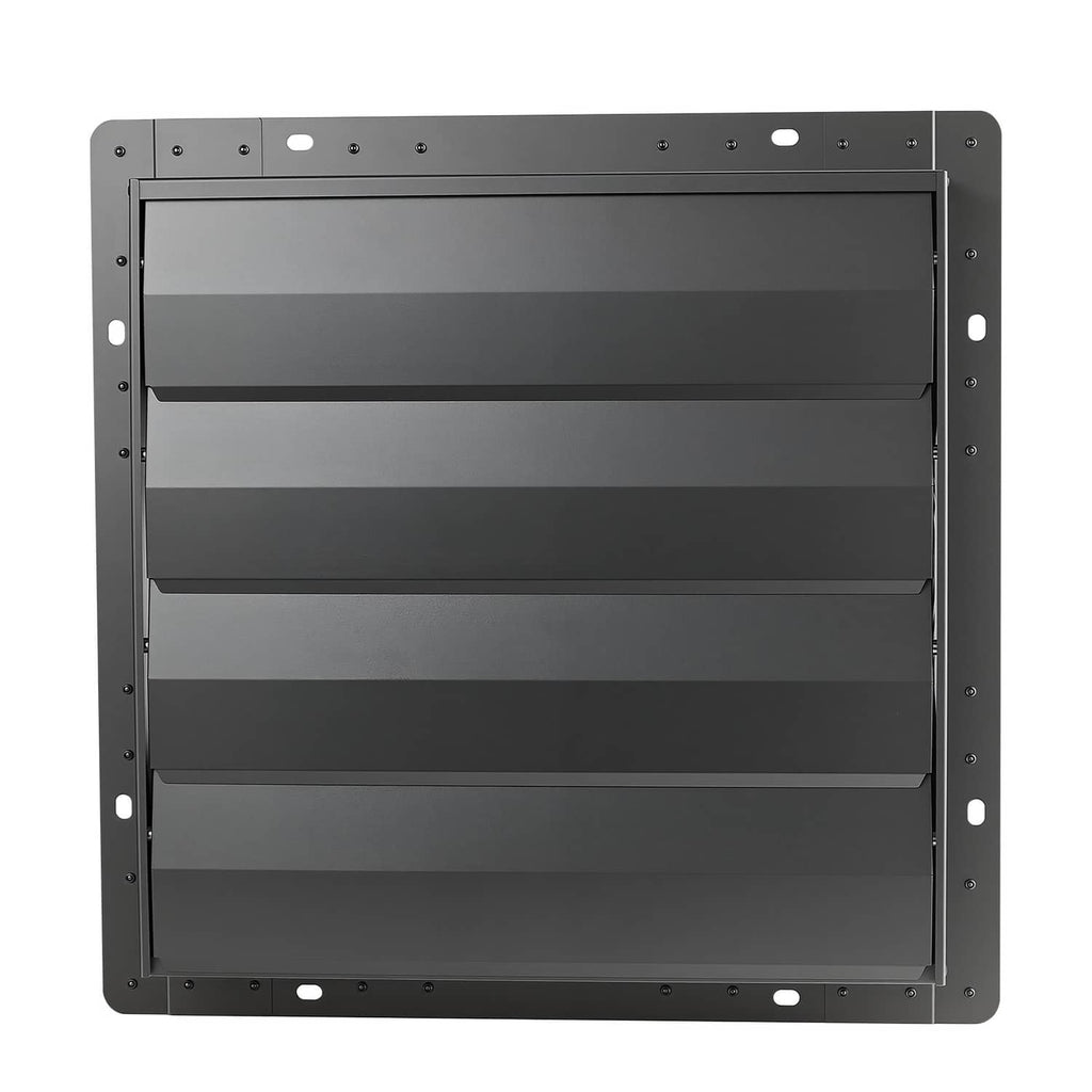 Wall-mounted shutter panel with three horizontal louvers in dark gray frame