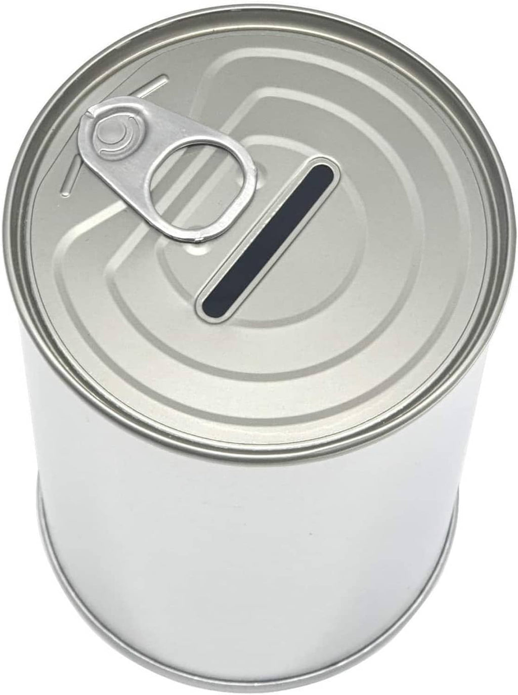 Close-up of silver metal coin piggy bank lid with pull-tab opening