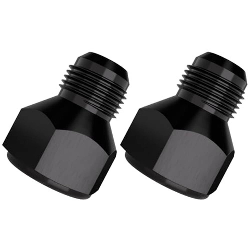 Pair of black AN flare reducer fittings, matte hex body and threaded ports