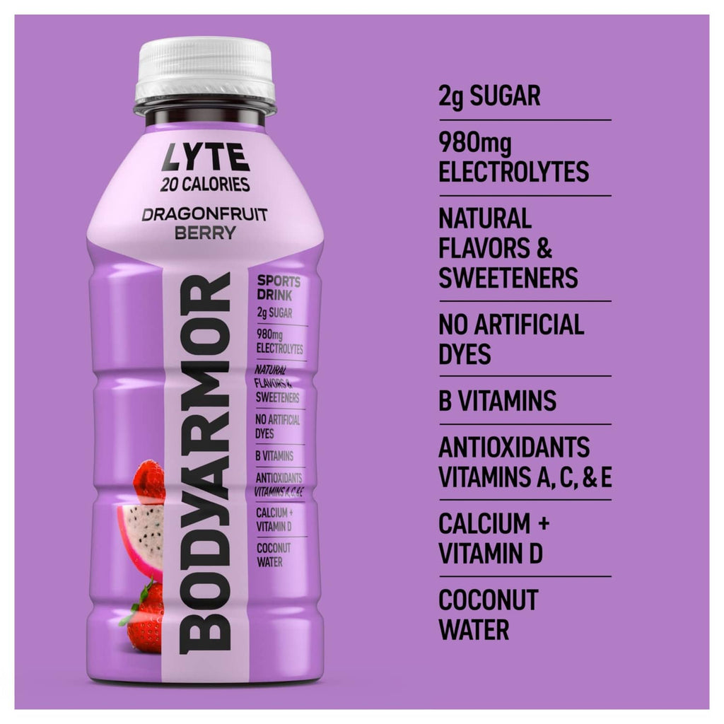 Dragonfruit Berry LYRT sports drink bottle with nutrition panel, 16 oz