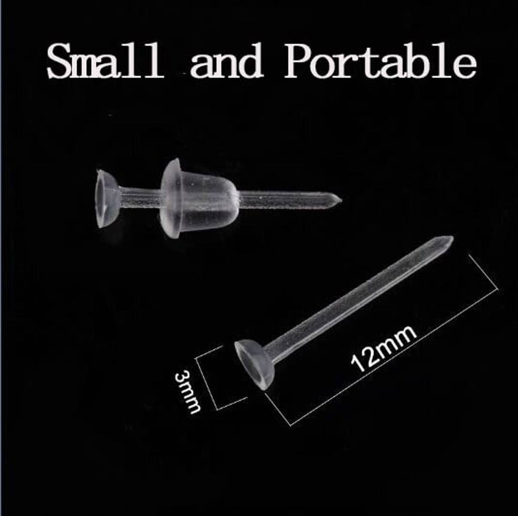 Clear plastic earring posts, 12mm length with small round backing