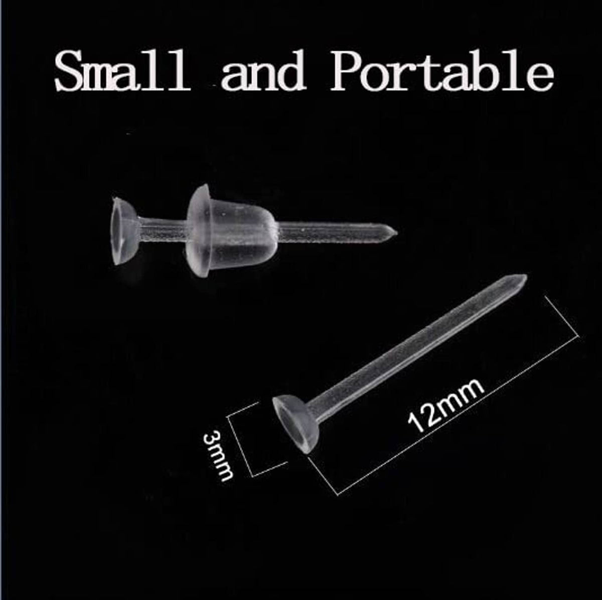 Clear plastic earring posts, 12mm length with small round backing