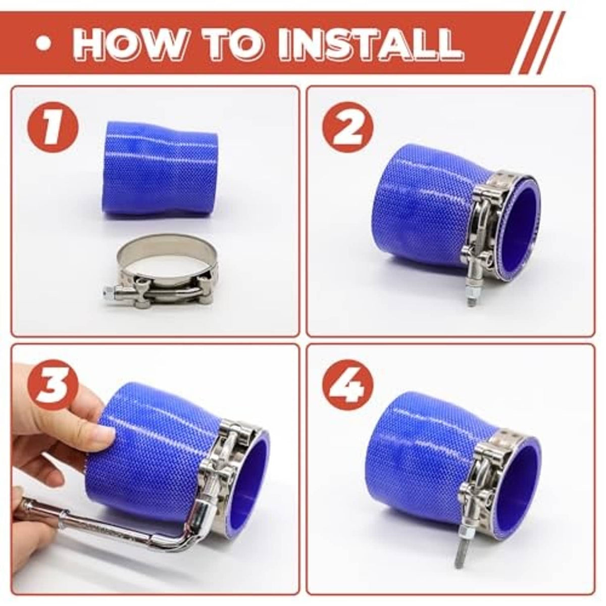 T-bolt hose clamp fastening onto blue fabric hose wrap, metal band and bolt