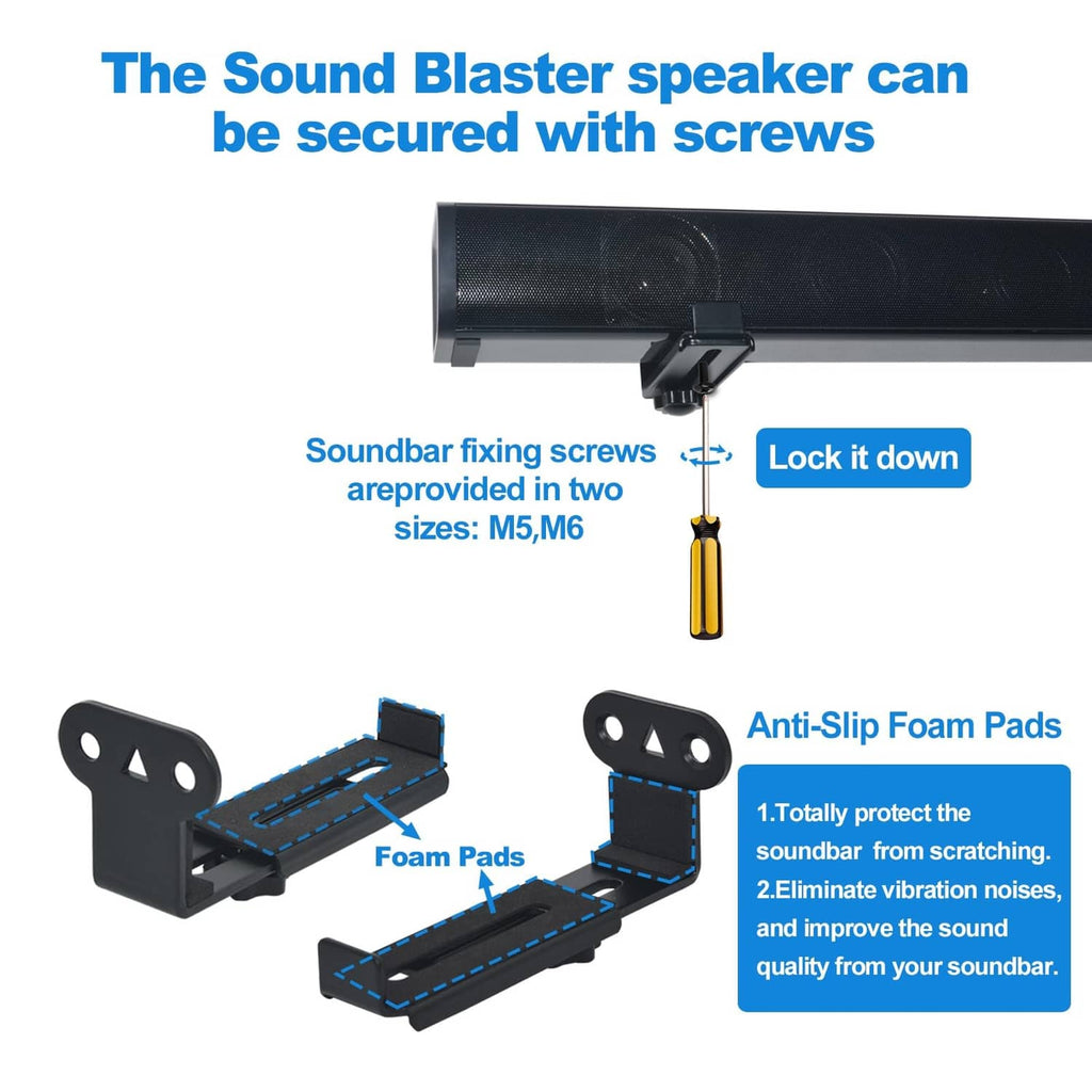Black soundbar wall mount with anti-slip foam pads and fixing screws included
