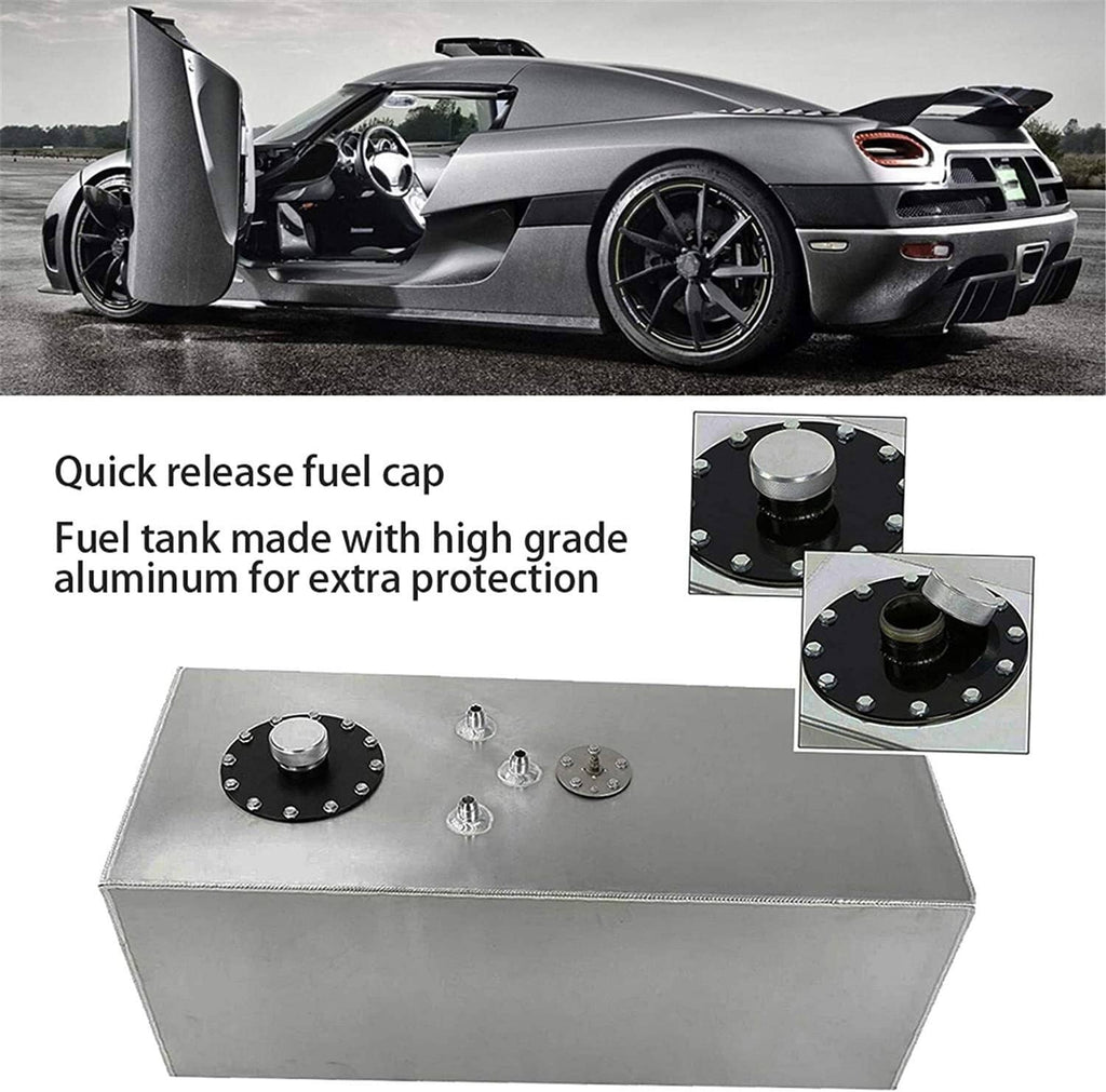 Silver fuel cell tank on a sports car with cap and top sender details