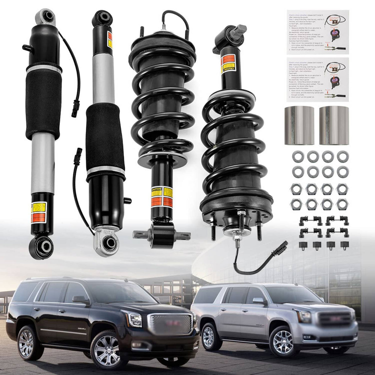 Set of 4 front/rear shock strut assemblies with black coil springs and mounting hardware