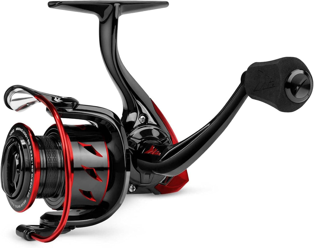 Sharky spinning reel with black body, red spool, and red fishing line
