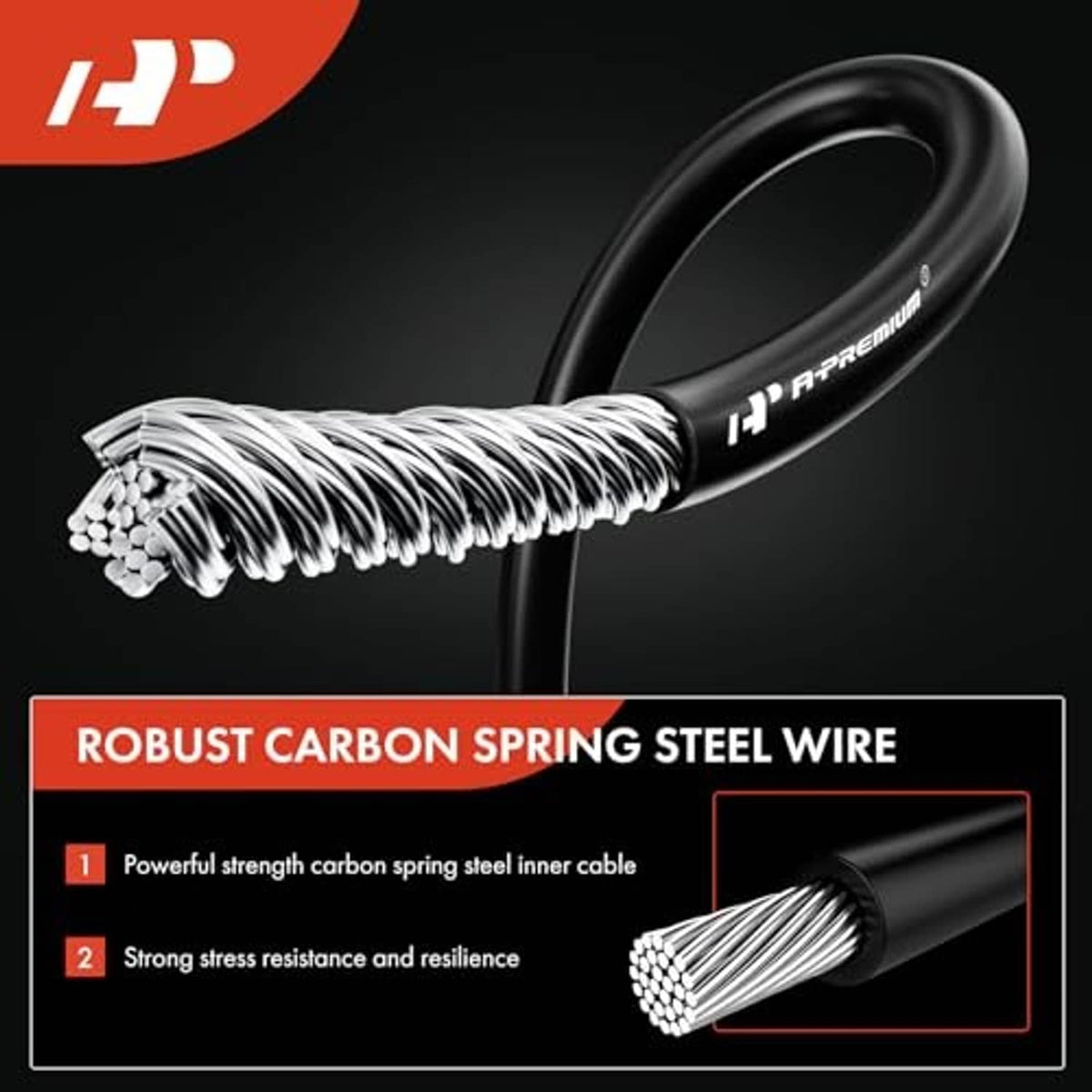 Parking brake cable spring section with black outer sheath and coiled steel wire
