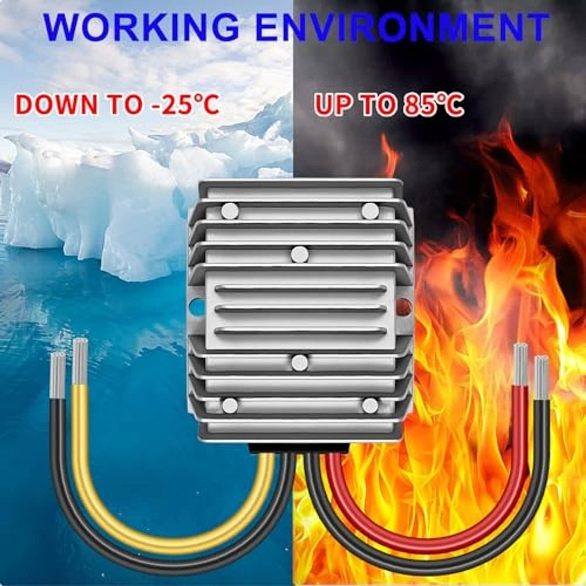 DC step-down power converter with heatsink and red/black/yellow insulated wires