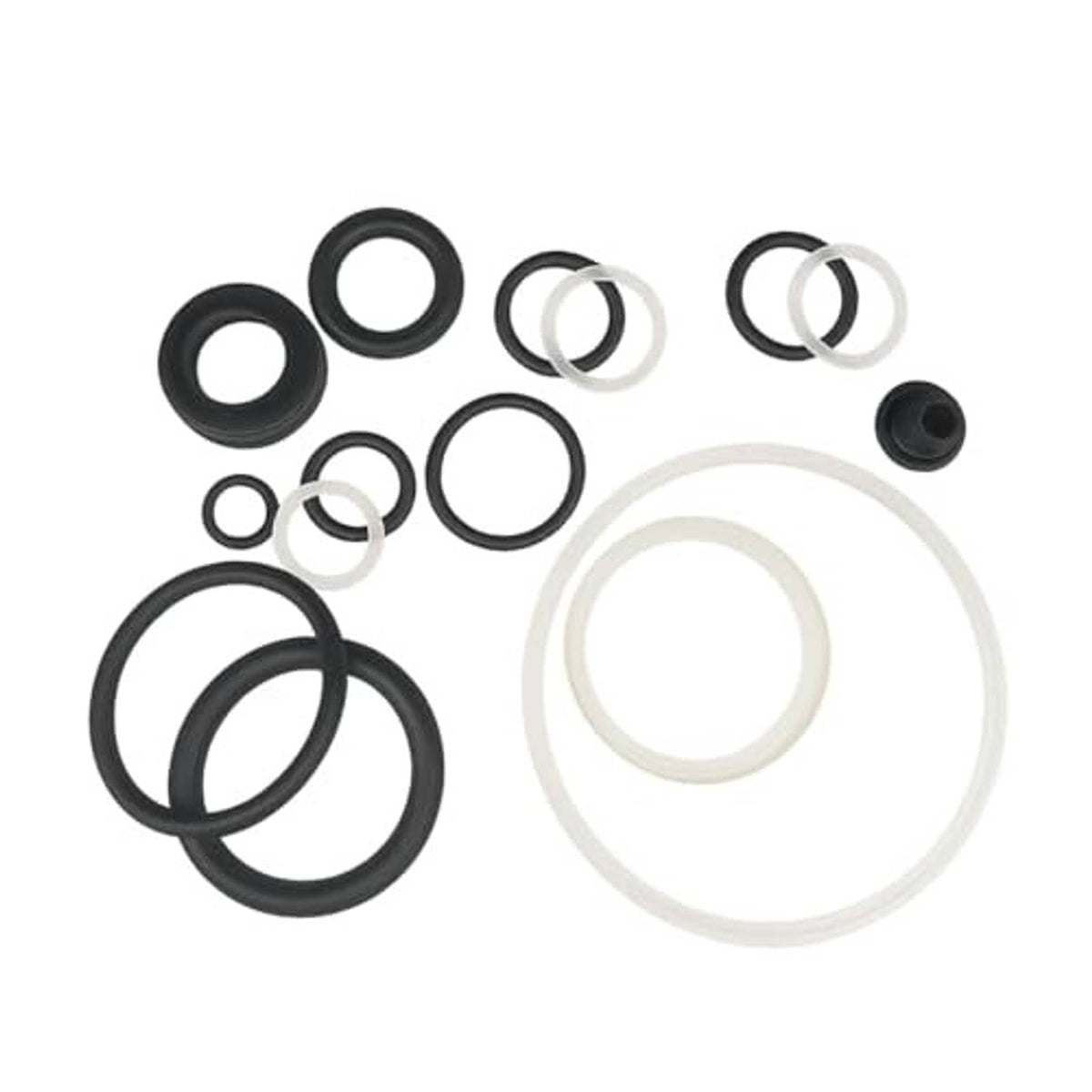 Assorted O-ring seal repair kit with large black rings, clear rings, and small rubber cap