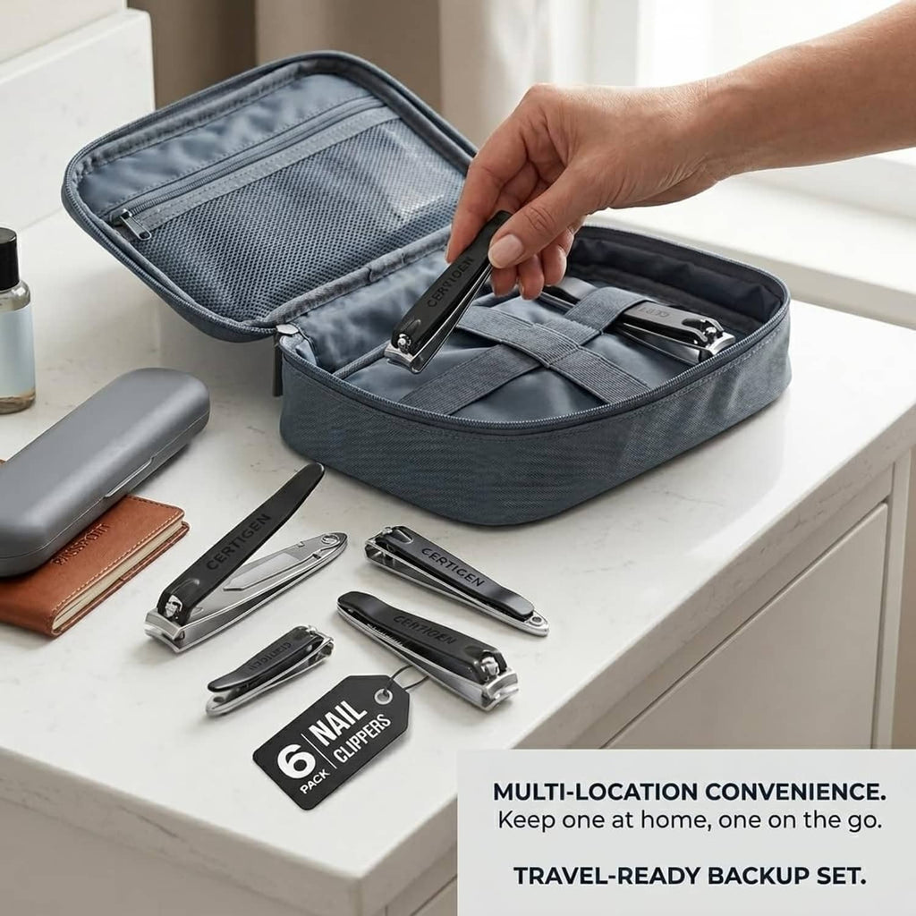 Nail clipper set stored in zippered pouch with several clippers laid out