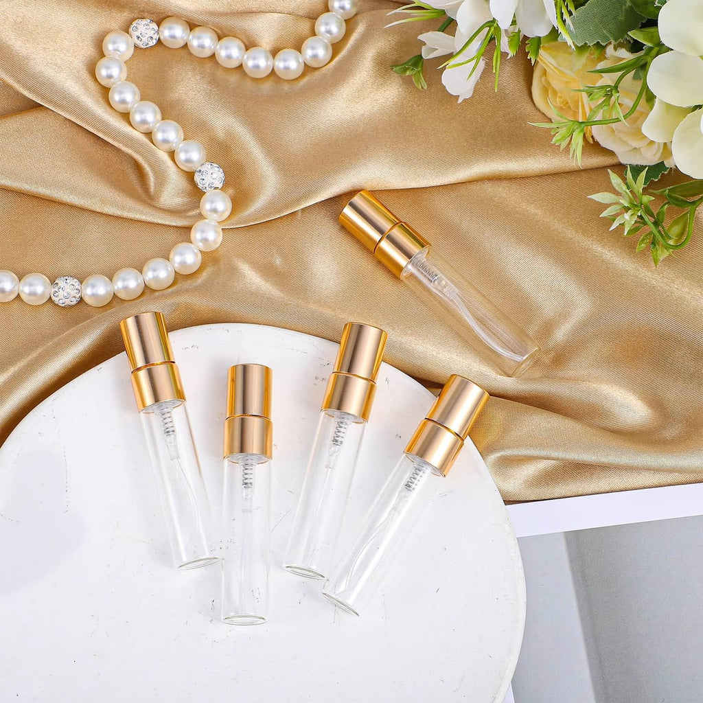Set of clear 5ml glass atomizer spray bottles with gold caps, mini perfume vials