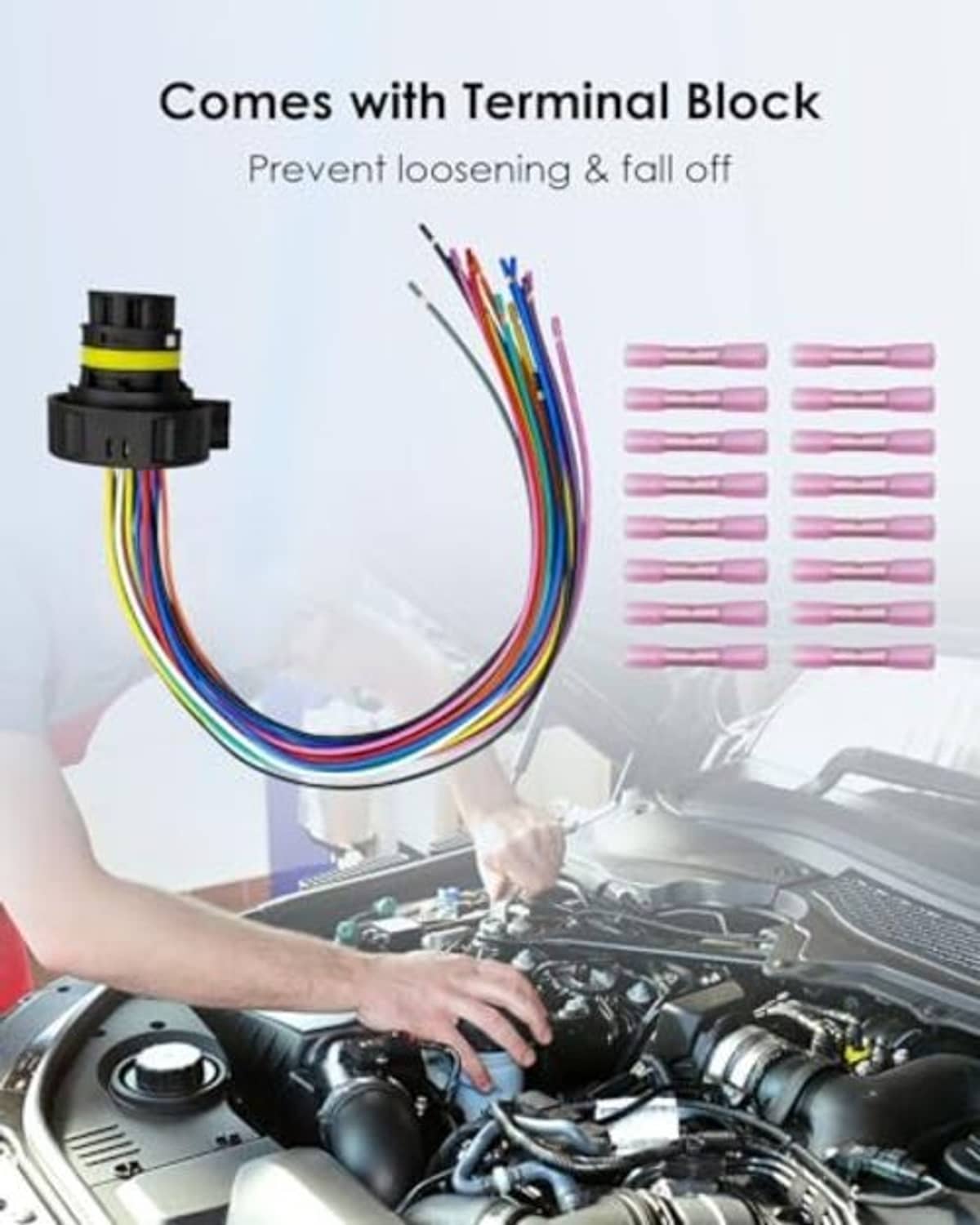 Transmission harness repair kit with terminal block, black connector, and multicolor wires