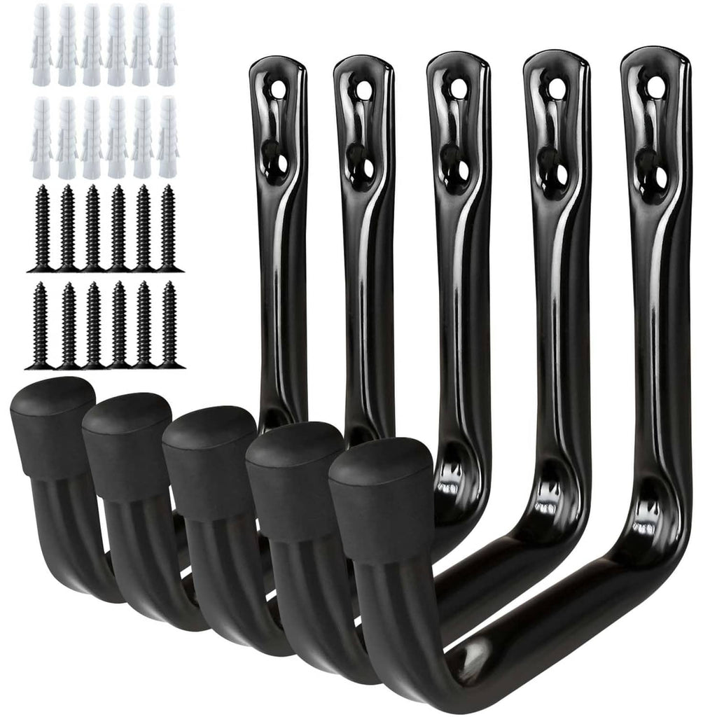 Black heavy-duty garage storage hooks with rubber-wrapped tips and mounting hardware