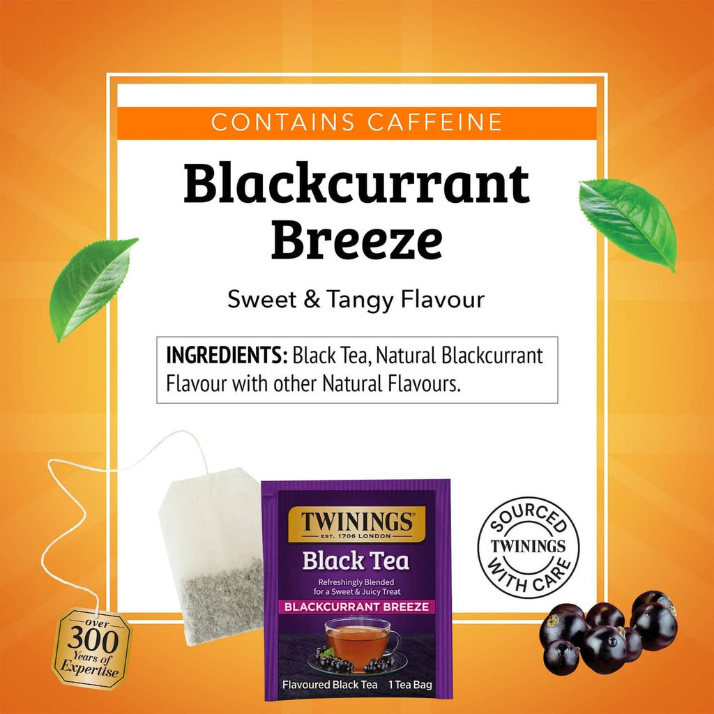 Twinings Blackcurrant Breeze black tea bags and box with contains caffeine