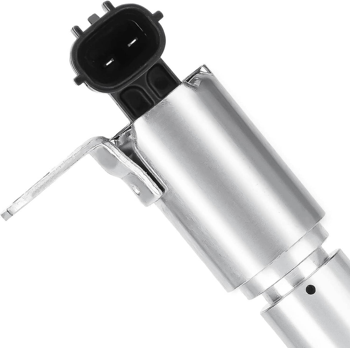 Single variable timing solenoid with black electrical connector and silver metal body