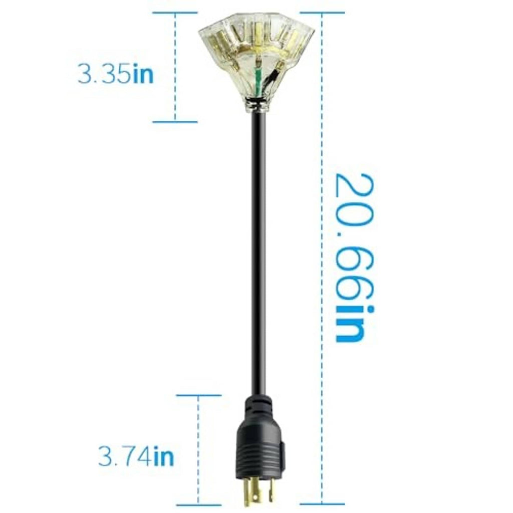 EV power adapter cord with clear connector and two-prong plug, black cable length