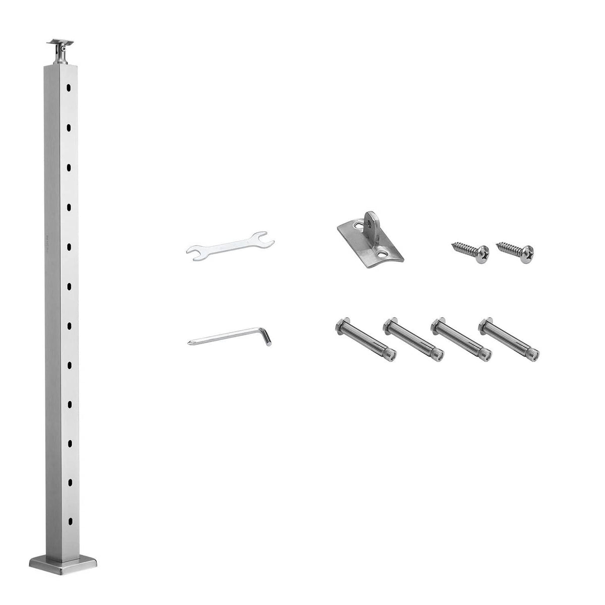Silver cable railing post with base and included mounting hardware accessories