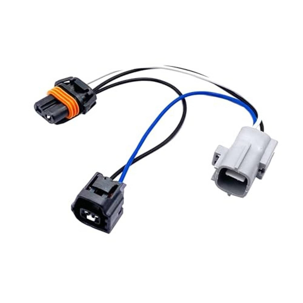 LED headlight conversion harness with gray connector sockets and blue/black wires
