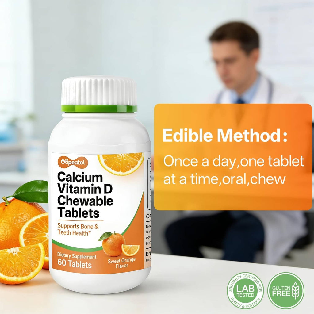 Calcium Vitamin D3 chewable bottle with use directions: once daily, oral chew