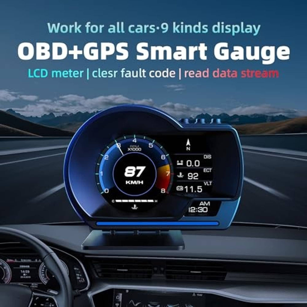 In-dash black OBD2 GPS HUD smart gauge with blue speed dial and right-side readings