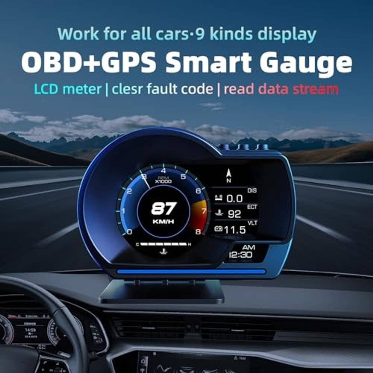 In-dash black OBD2 GPS HUD smart gauge with blue speed dial and right-side readings