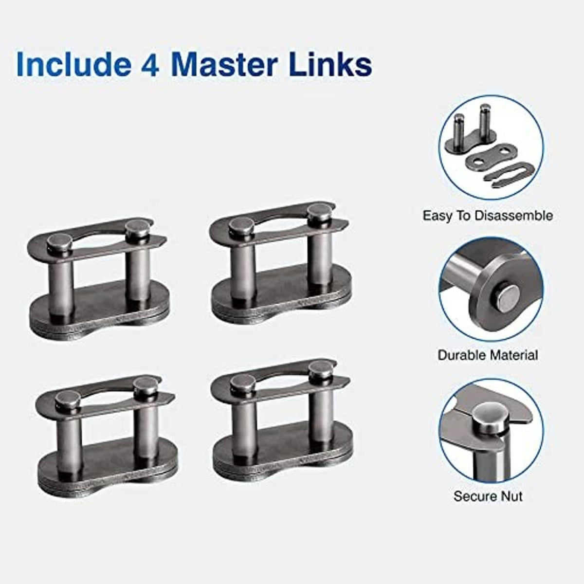 Black roller chain with four master links and removable connecting pins