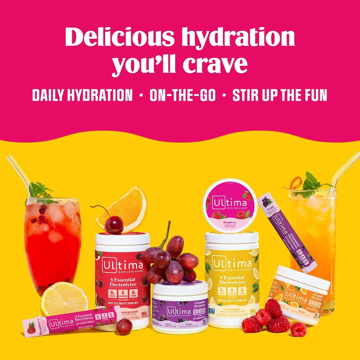 Assorted Passionfruit electrolyte tubs, powder packets, and two iced drinks