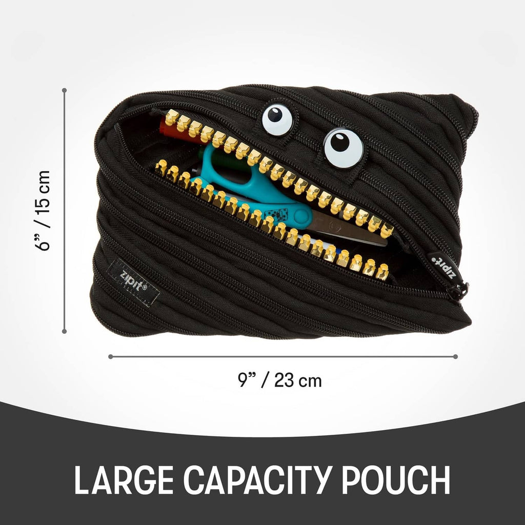 Black ZIPIT pencil case pouch with wide-open front zipper and two eye patches