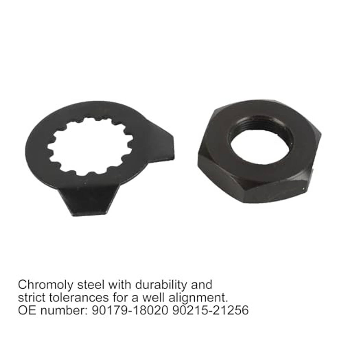 Front sprocket toothed bolt washer and hex lock nut, black steel hardware