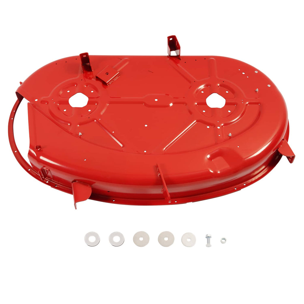 Red mower deck with included hardware and washers shown below