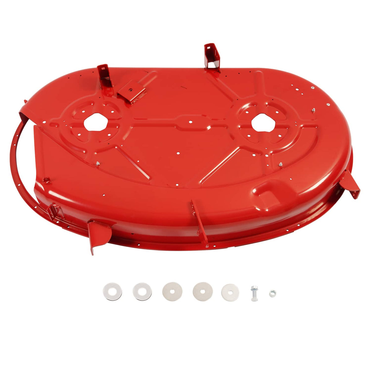 Red mower deck with included hardware and washers shown below