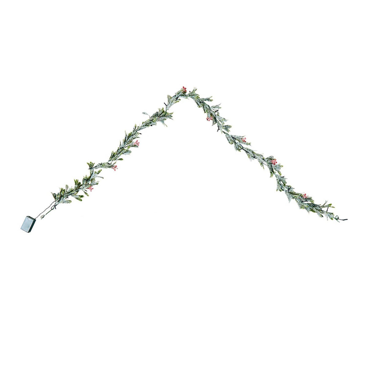 Christmas vine garland with olive leaves and red berries with warm light string (diagonal)
