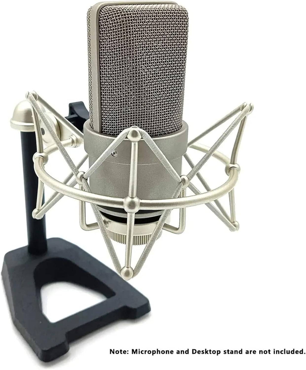 Silver metal shockmount holding a condenser microphone with black base stand