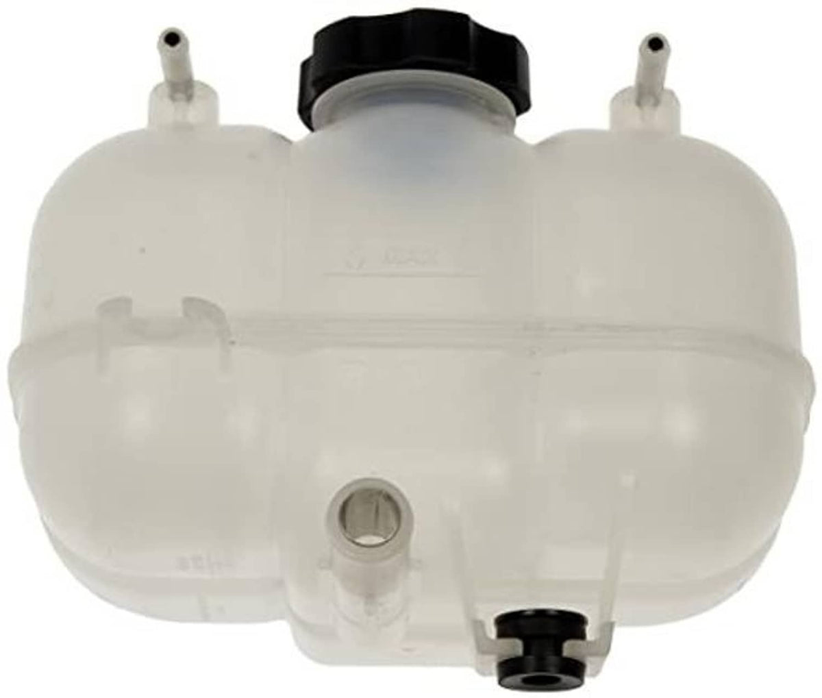 Pressurized coolant reservoir with cap; translucent white tank with metal port and black base