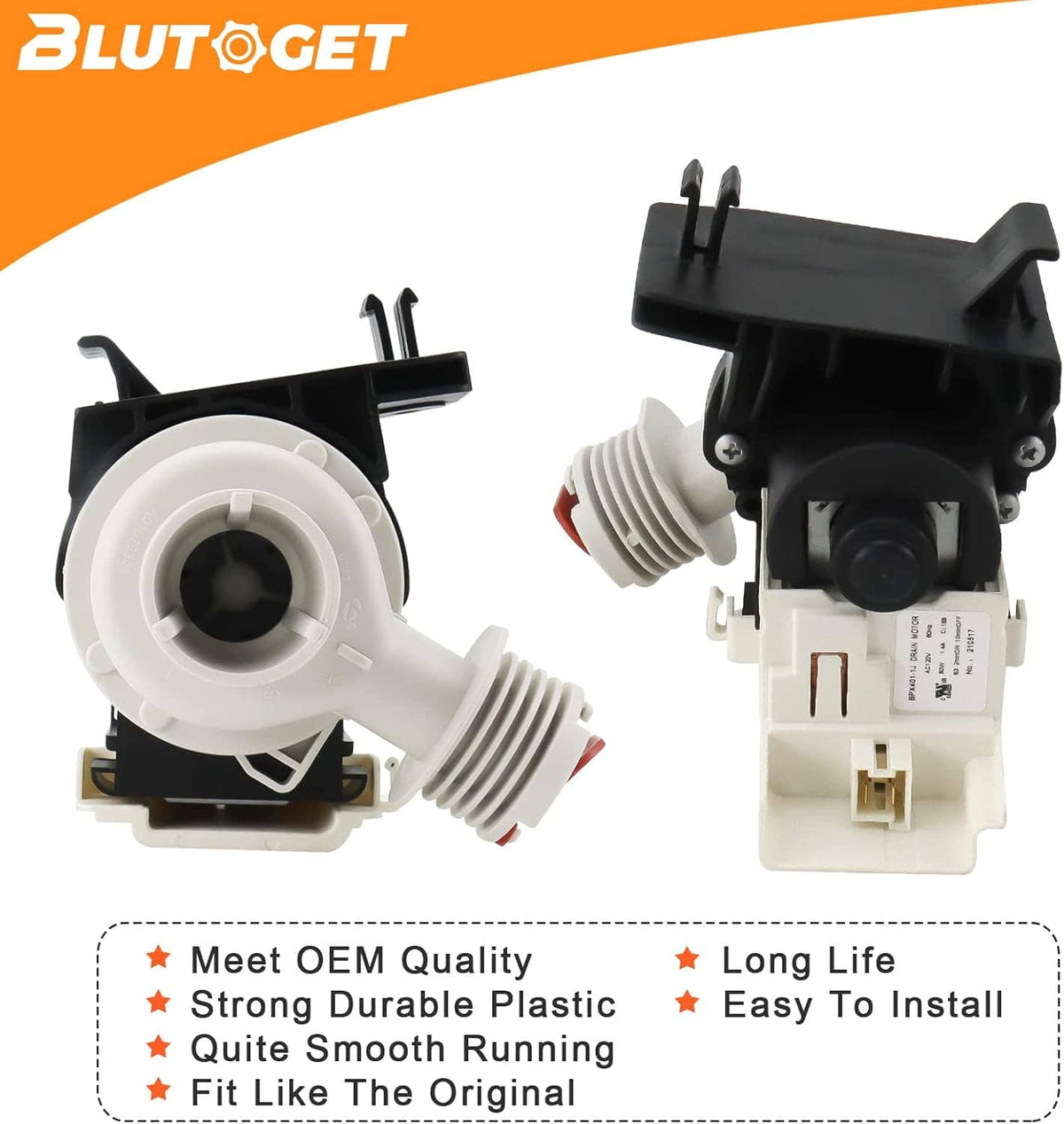 Washer drain pump with circular inlet, white body, black motor housing, red tab