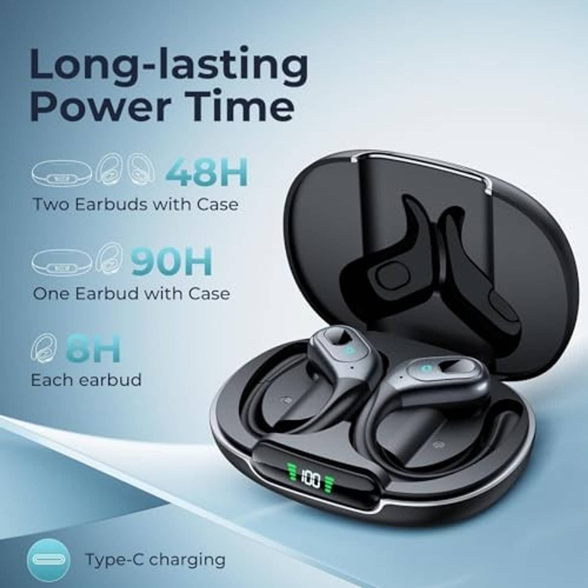 Matte black wireless earbuds and charging case showing glossy top and LED battery display