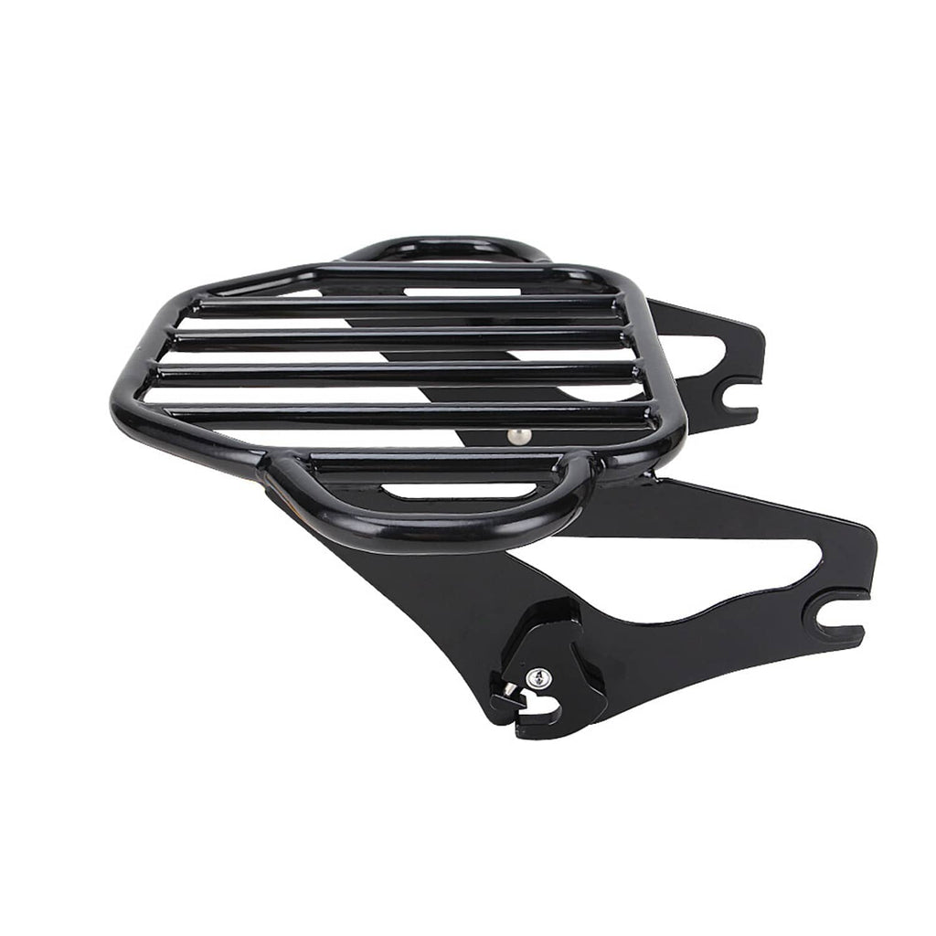 Black luggage rack with slotted frame and sissy bar side mounting brackets