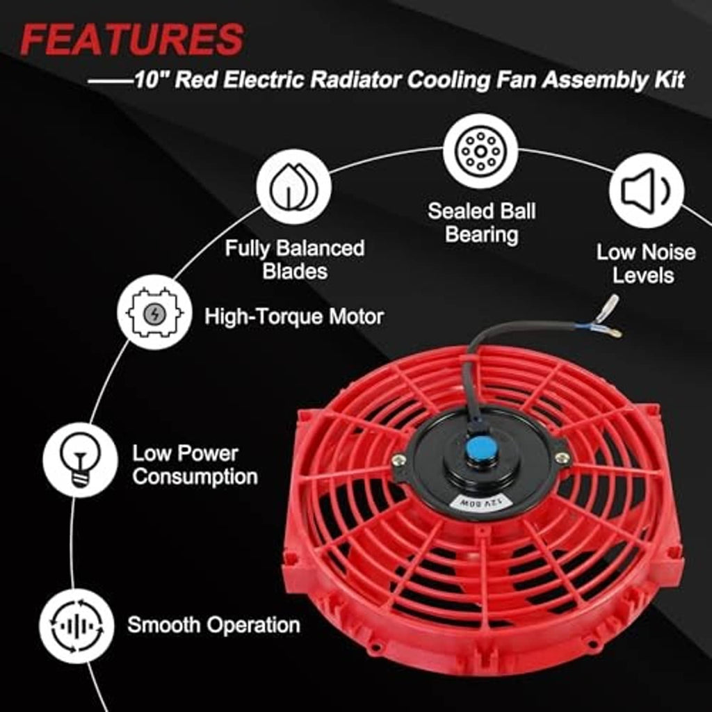 Red electric radiator cooling fan assembly kit with black hub and attached wiring